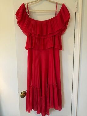Halston Heritage Red Pleated Off-Shoulder Midi Dress